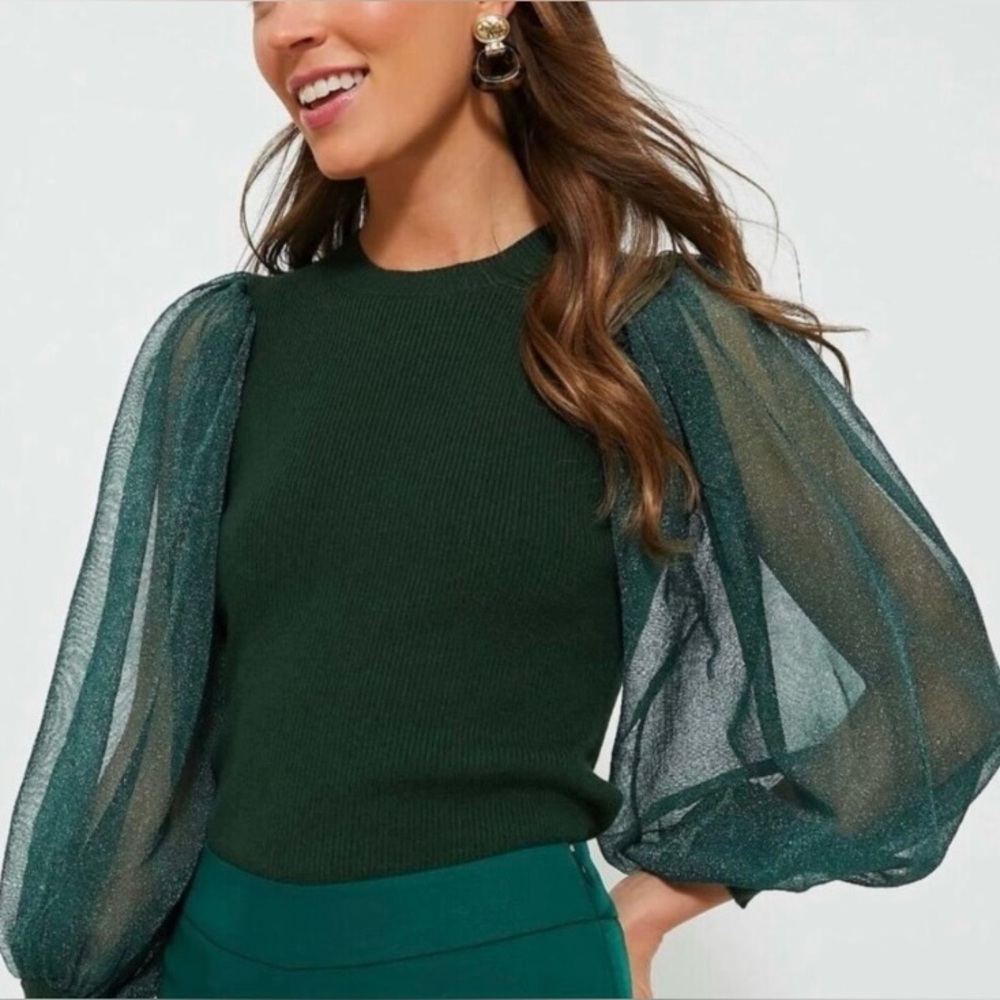 Tuckernuck Betsy Blouse Deep Green Sheer Balloon Sleeve NWT Small